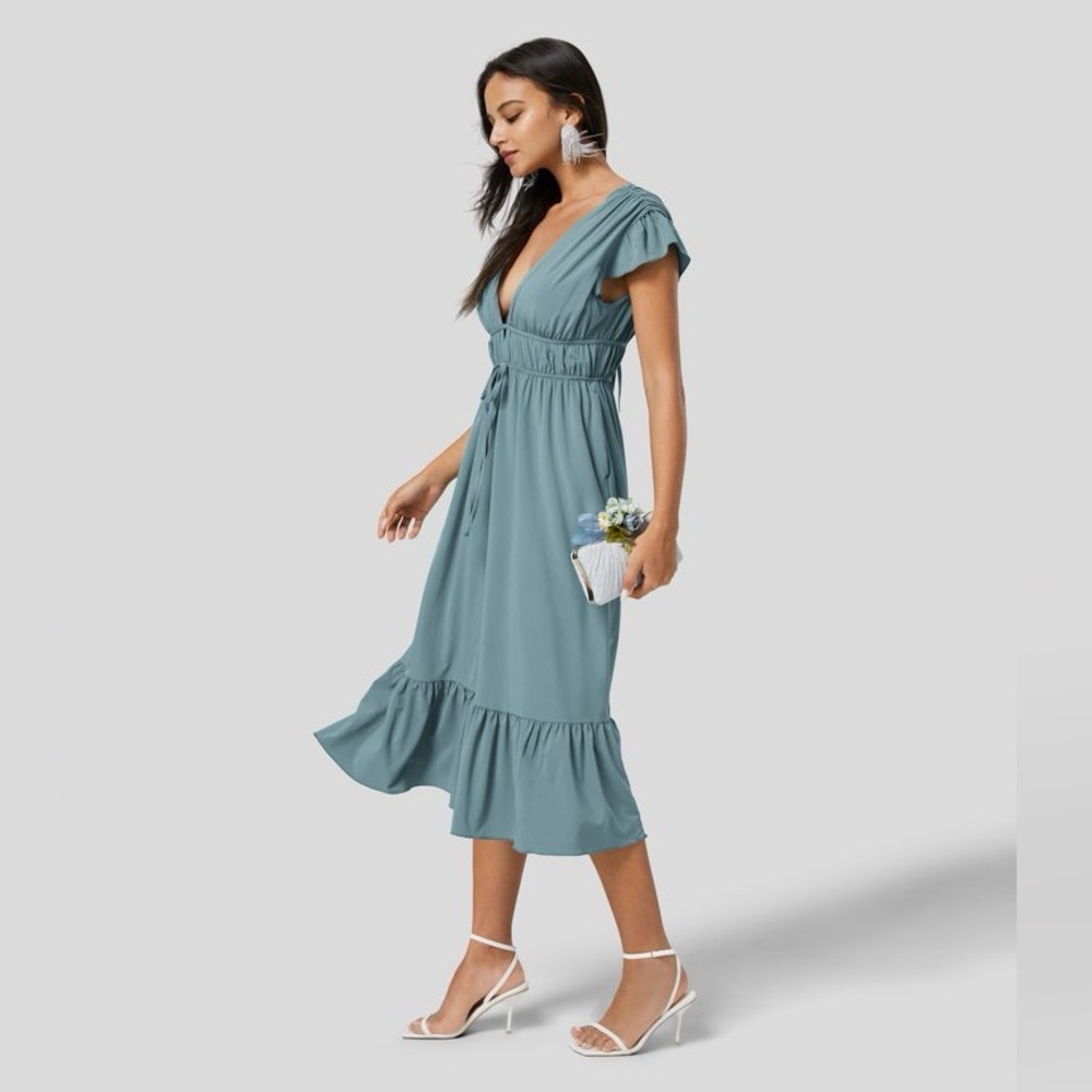 Halara Breezeful™ Deep V-Neck Butterfly Sleeve Midi Dress Stone Blue Size XS - Picture 7 of 10